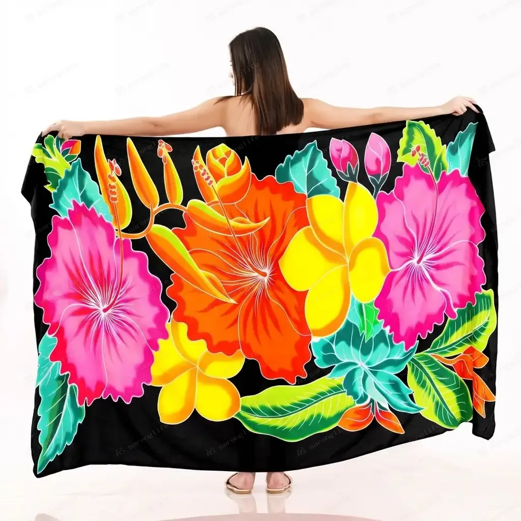 Black Base Vibrant Large Hibiscus Plumeria Sarong, Polynesian Tropical Leaf Floral Traditional Island Pareo Wrap - Flower