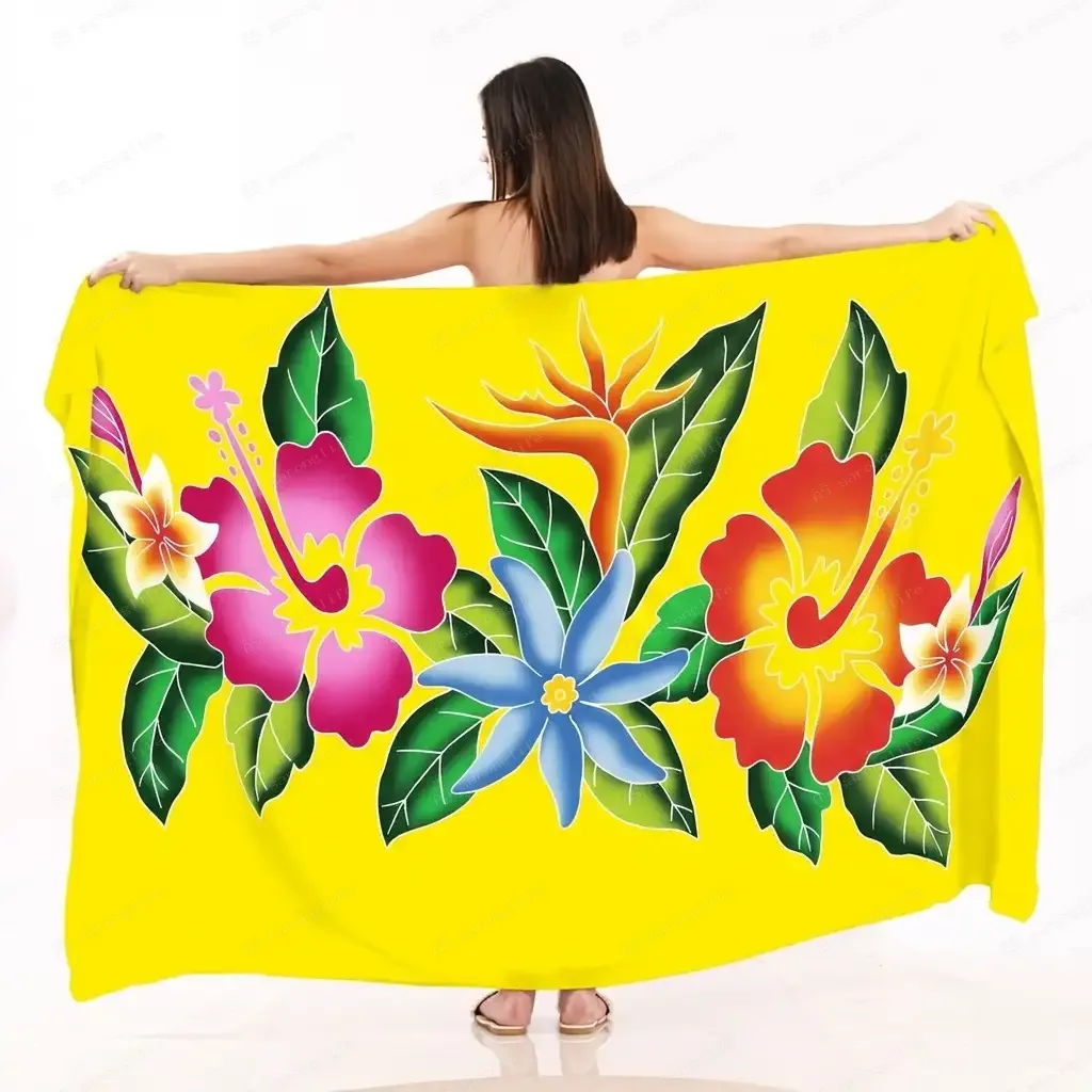Bright Yellow Gradient Hibiscus Plumeria Sarong, South Pacific Bird of Paradise Floral Beach Custom Print Pareo Fabric - Flower