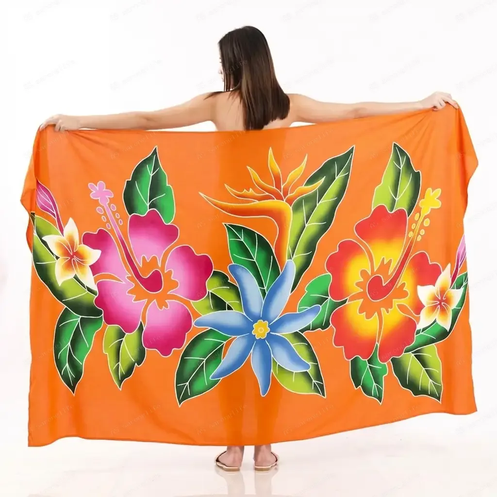 Bright Yellow Gradient Hibiscus Plumeria Sarong, South Pacific Bird of Paradise Floral Beach Custom Print Pareo Fabric - Flower Sarong