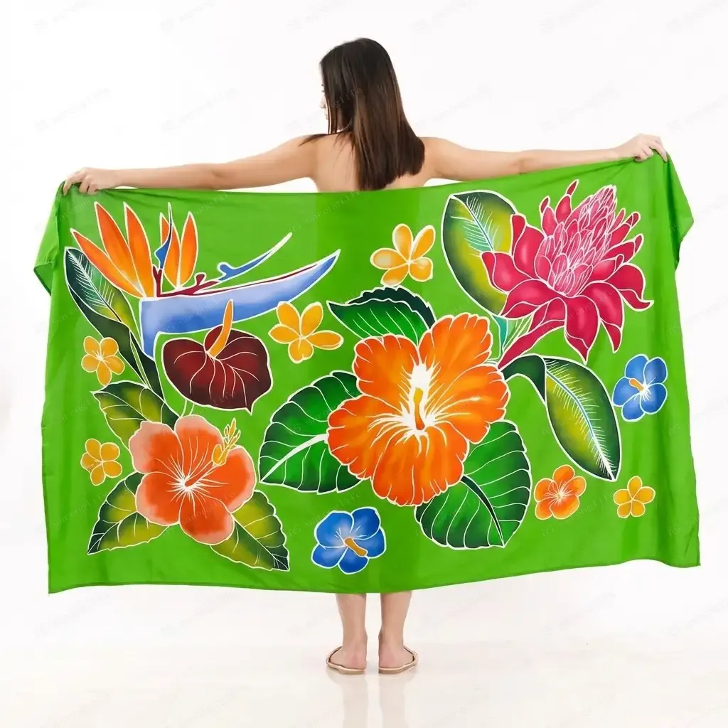 Hawaiian Orange Hibiscus Bird of Paradise Protea Sarong, Tropical Anthurium Plumeria Resort Beach Rayon Pareo