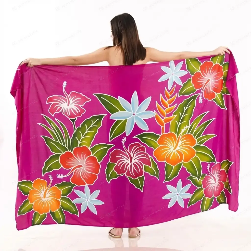 Hot Pink Base Tropical Hibiscus Plumeria Sarong, Hawaiian Simple Floral Resort Beach Lavalava Pareo Cover Up - Flower