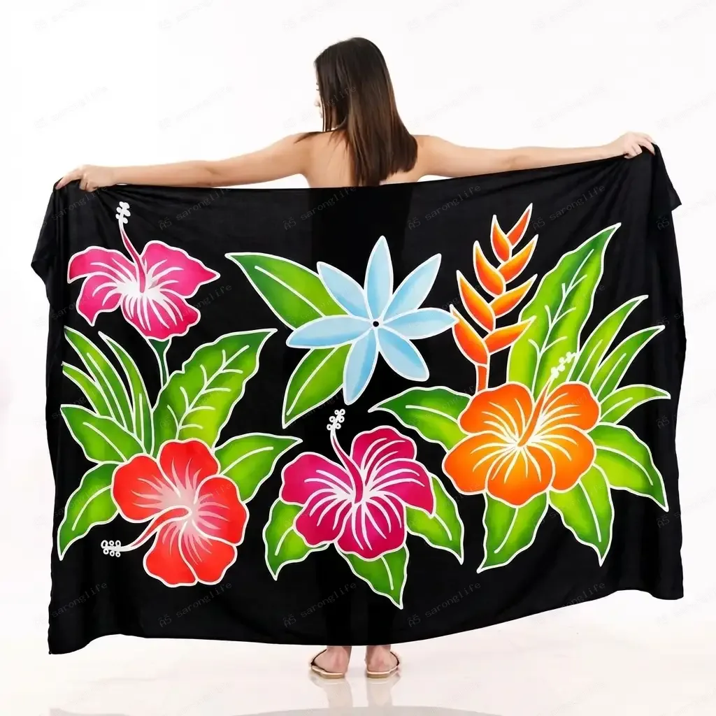 Minimal Outline Hibiscus Plumeria Print Sarong, Polynesian Heliconia Tropical Floral Beach Rayon Pareo Wrap - Flower