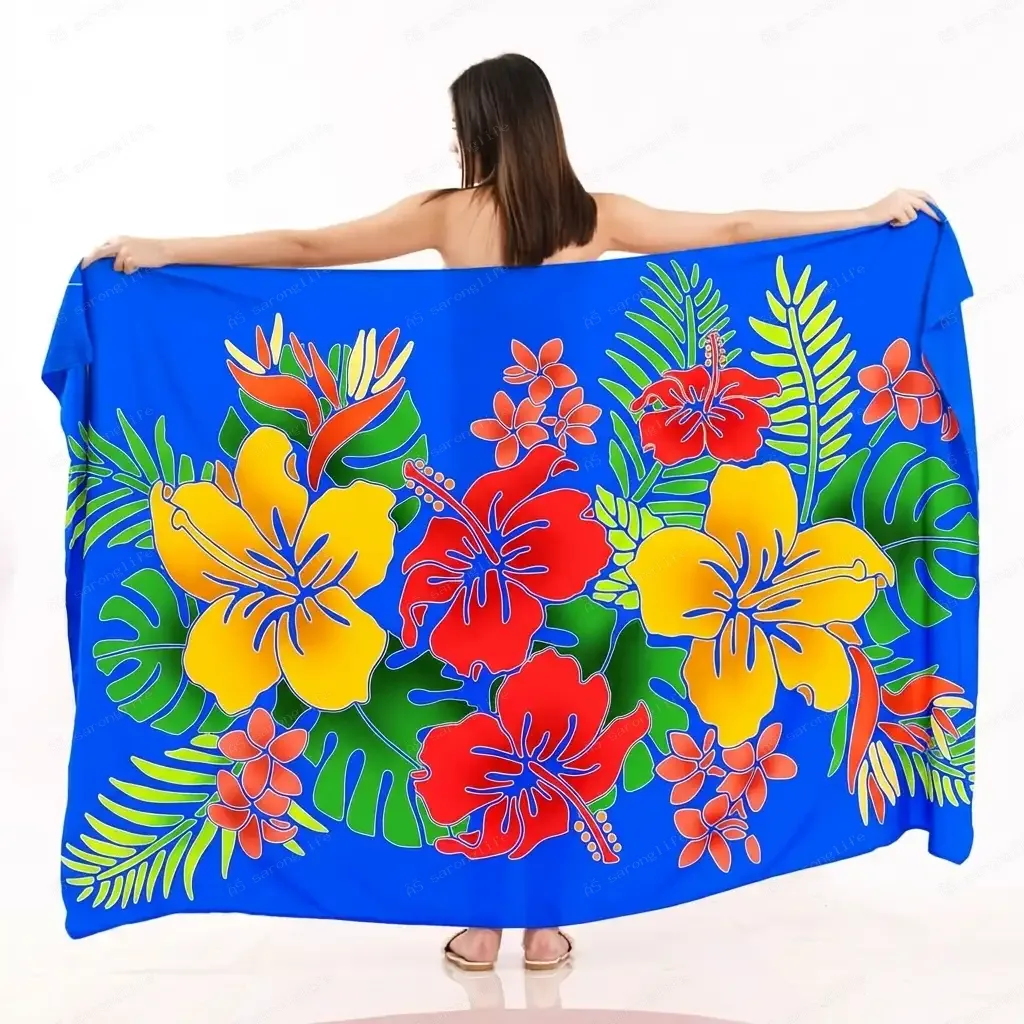 Polynesian Tropical Hibiscus Plumeria Print Sarong, Paradise Bird Anthurium Floral Beach Wrap Pareo Lavalava Island Rayon Cover Up - Flower