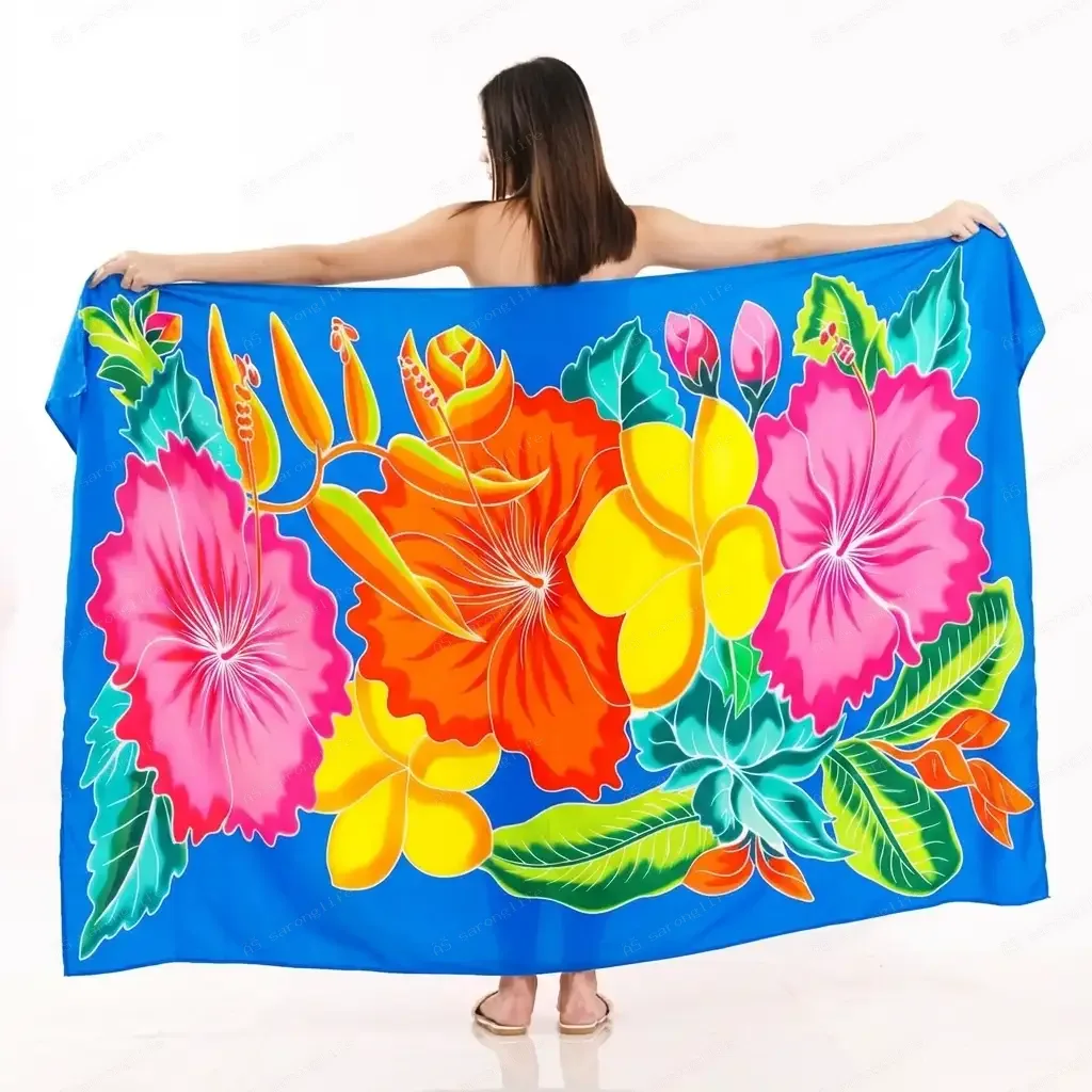 Royal Blue Bold Hibiscus Plumeria Full Print Sarong, Tropical Leaf Floral Wholesale Beach Rayon Pareo Cover Up - Flower