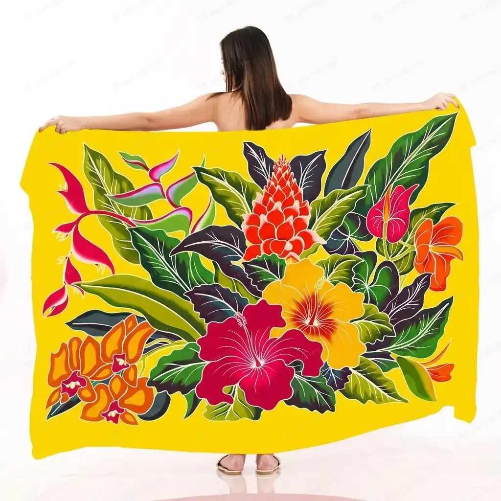 South Pacific Red Hibiscus & King Protea Print Sarong, Tropical Anthurium & Orchid Island Traditional Wrap Beach Cover-Up