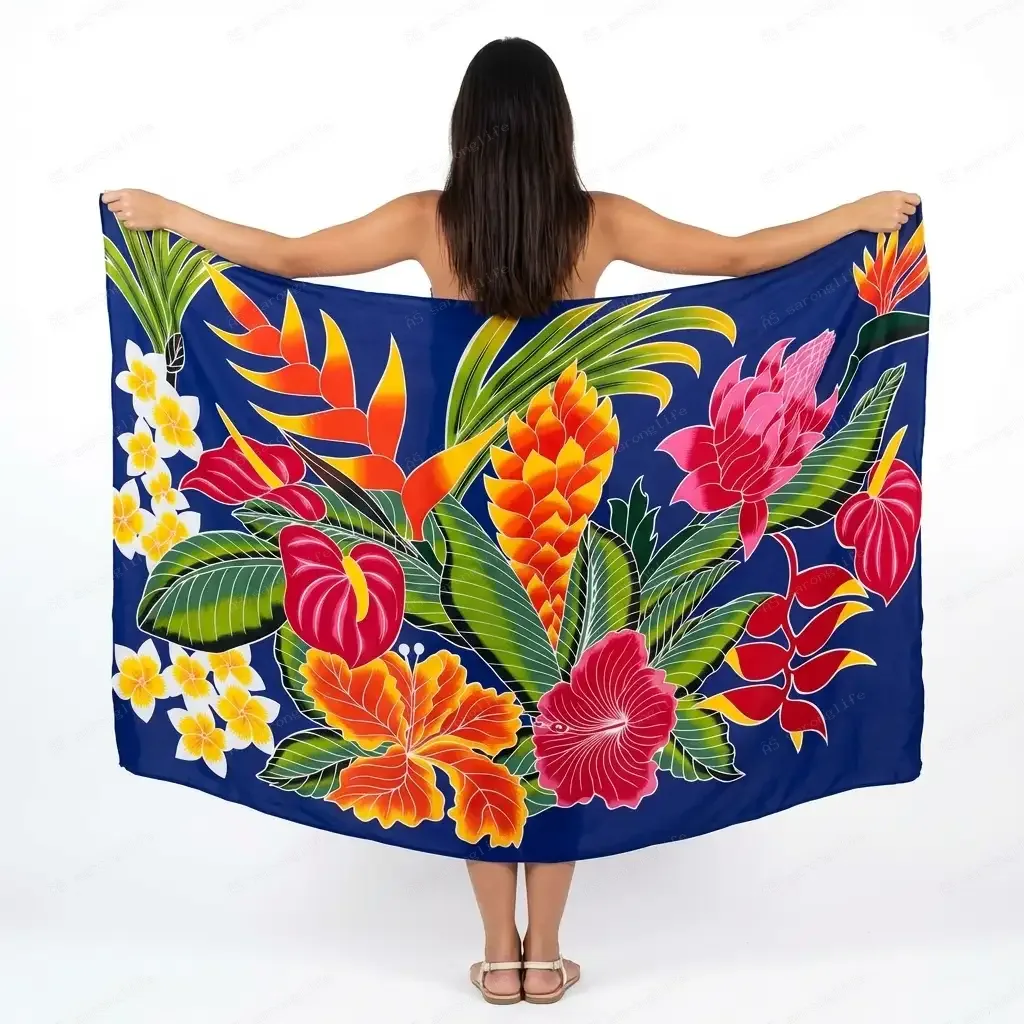 Tropical Orange Hibiscus Protea Full Print Sarong, Polynesian Anthurium Heliconia Plumeria Beach Pareo Custom Fabric