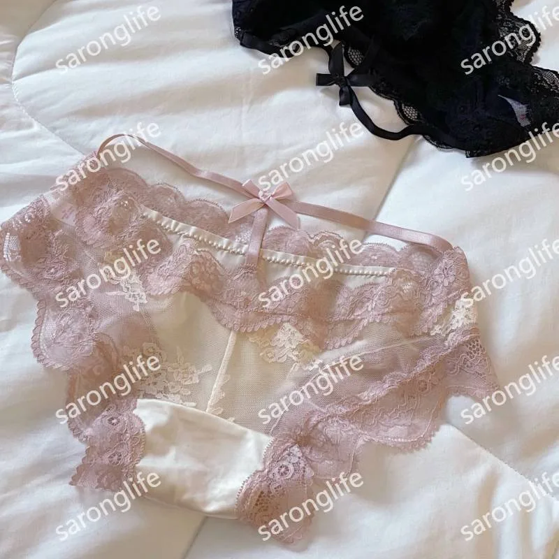 Women's French Satin Lace Low-Rise Breathable Cotton-Crotch Triangle Panties - Women Briefs