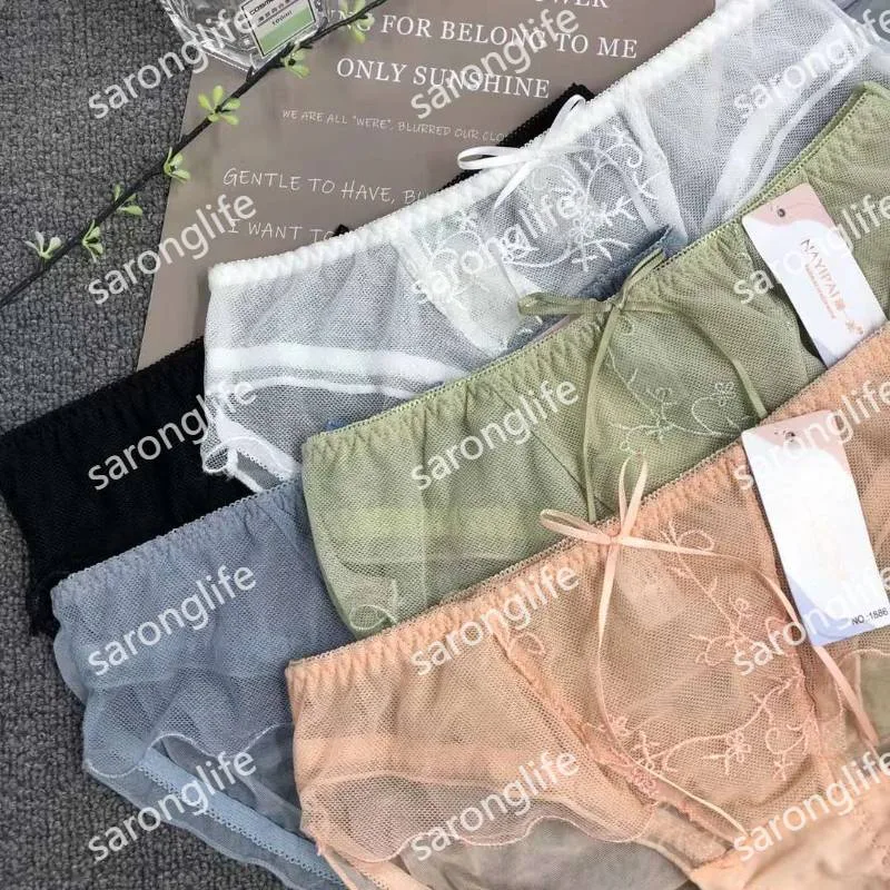 Women's Ice Silk Lace Mid-Rise Silk Blend Breathable Cotton-Crotch Briefs - Women Briefs