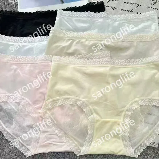 Women's Mid-Waist Satin Silk Lace Seamless Panties, Luxury Style - Women Briefs