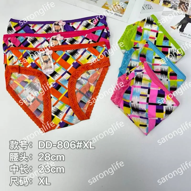 Women's Milk Silk Printed Lace Trim Briefs, Colorful Print - Women Briefs