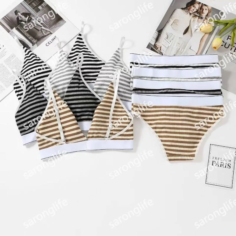 Women's Thin Colorblock Stripe Sports Bra & Brief Set, Triangle Cup - Women Briefs