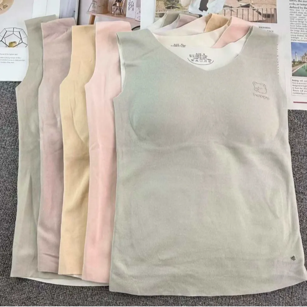 外贸出口尾货保暖内衣德绒保暖内衣固定杯胸垫保暖背心女磨毛内衣
